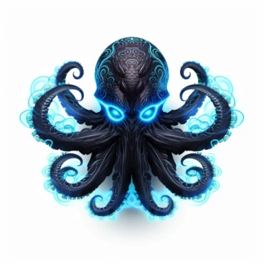 a glowing tribal Octopus with blue lights on his eyes, tribal animals, in the style of manhwa character design, master of shadows, burned/charred, himalayan art, dark black and light azure, 2d game art, quadratura, clipart, on white blackground