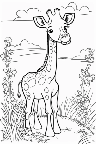 a cute and happy giraffe in grasslands, black and white clipart for a kids coloring page, simple and clean, thin line art, accurate features, proportionally sized, illustration style,