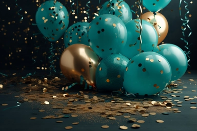 Teal and Gold Balloons Clipart with glitter balloon overlays and glitter confetti photographed by Annie Leibovitz using a Canon EOS R5 camera. The virtual camera will have a shallow depth of field with a wide aperture of f/1.4, giving emphasis to the main balloon in the foreground while softly blurring the background. The lighting setup will be studio light with diffused light sources coming from the sides, creating soft and even illumination on the balloons and confetti. The resulting image wil
