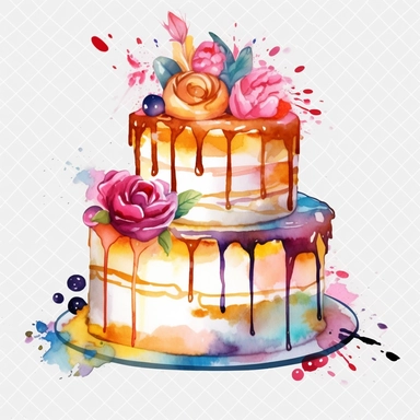 Watercolor happy birthday cake Clipart, white background, 8k