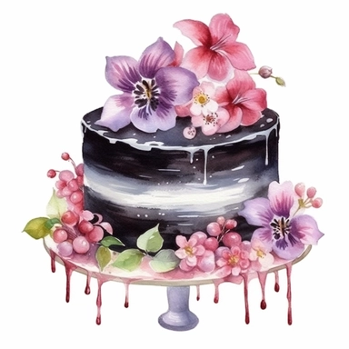 clipart, isolated on white background, Watercolor cake with flowers, black colored, ornated, pastel colors