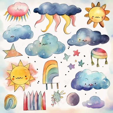 watercolor clipart graphics, weather theme, clouds, sun, rain, moon, wind, snow, lightning, sun, rainbow isolated elements, sticker set