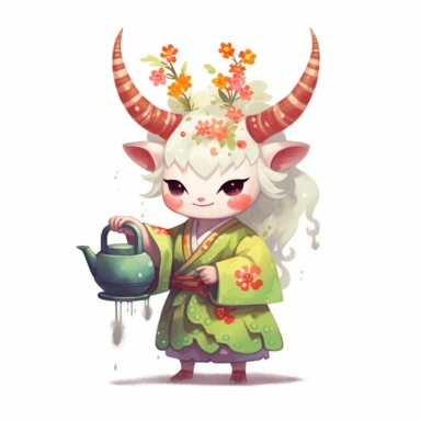 human like white fluffy deer with red horns inspired by Oni yokai wearing light Lime kimono holding watering can and watering flowers, clipart, kawaii, style of animal crossings game characters