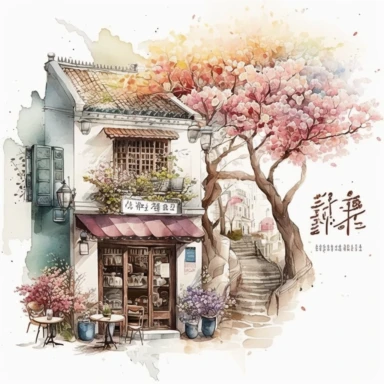 Clipart, a cafe in South Korea, with all the aromas and beauty, watercolor, white background, stunning architecture,