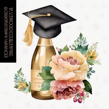 Champagne Bottle Gold Graduation Cap Watercolor College High School Graduation Clipart Flowers Graduate Gift Commercial Use Illustration PNG