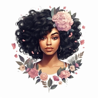 ultra detailed Black Girl Self Love Clipart, solid white background, cozy outfit, beautiful hair, super cute , super hot, self love, peaceful, floral heart, watercolor, floral, contour, PHOTOREALISM portrait , by ANIMATION