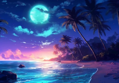 captivating scene of a holographic beach at nighttime. watercolor clipart. watercolor clipart. The lighting should be normal, capturing the serene ambiance of the nighttime setting. The colors should be magnificent, incredible, and relaxing, evoking a sense of tranquility and beauty. The focus of the composition should be a clear view of the water, showcasing the holographic effect with its shimmering and iridescent qualities. Add a touch of magic by depicting the moon leaving a gentle glow on t