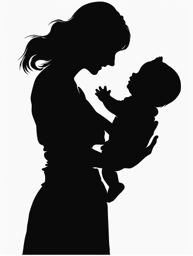 A Chinese mother holding a 1 year old girl aloft, the birth of a new life, the mother with her hair up, the little girl in a dress, silhouette, black and white clipart, vector silhouette, minimal, clear edges, no light or shadow, the subjects of the figures are black, pure white background, clean background, high quality, ultra high definition, high definition, ultra high definition image quality, 32k
