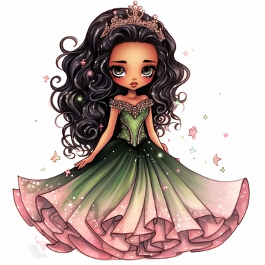 A cute detailed black girl in chibi style, Jasmine Becket - Griffith style, watercolour illustration clipart with real glitter detail, wearing a beautiful pink full length ballgown style dress, the girl has long black hair, the girl has green eyes, full body image, with feet isolated on a white background,