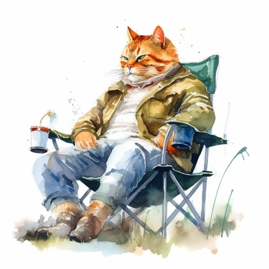 A cat fishing in a camping chair. The cat is wearing a fishing vest holding a fishing rod in its hand and a sungrass.artistic watercolor painting by impressionist artists with a delicate touch with white background for clipart 8k ultra detail high sharpness ultra detail