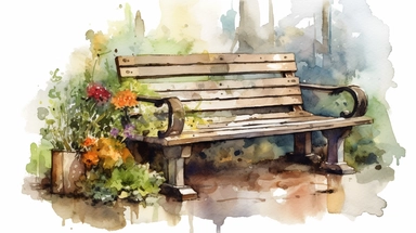 A rustic wooden garden bench clipart, white background, watercolor drawing