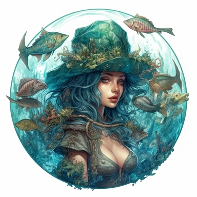 blue green which elf mermaid pretty woman with which hat surrounded by water in fish in the style of floral surrealism, twinkling fairy lights, castle and bats, crowcore, frostpunk, steampunk, detailed character illustrations, detailed comic book art, luminosity of water, hyper realistic, isolated white background, 8k, ultra detailed clipart, uplighted