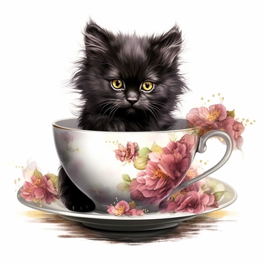 persian fluffy long haired black kitten in steel base flower painted beautiful tea cup, showing fluffy hairy tail, dark watercolor clipart , ultrarealistic, very detailed, finished corners, finished edges, no excess sprinkles