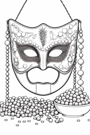 an outlined cute Mardi Gras mask on a stand surrounded by beads and coins, Coloring Book, white background, black and white, [clip art]