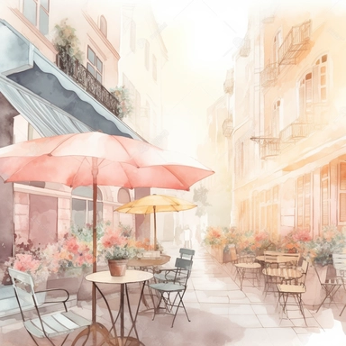 dreamy realistic watercolor cute city corner brunch cafe, outdoor bistro tables with umbrellas, during the summer at restaurant in the city with floral arrangement, during golden hour, bright and light pink, pale peach, fade to blue boho style, muted color palette, white background, isolated on white, 8k, high detailed