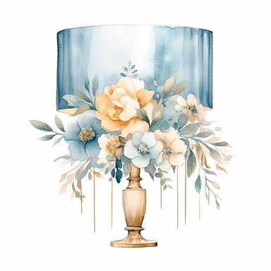 A delicate watercolor painting of chic powder blue, white, and gold three combo FLORAL lampshade, office accessory arranged in an elegant composition, featuring soft and blended watercolor washes to create a harmonious and feminine aesthetic clipart PNG