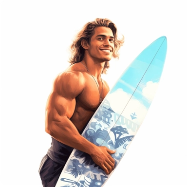 beautiful stunning hawaiian surfer young man , paint art style, clipart, white background, superrealistic, one of a kind