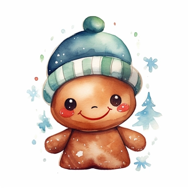 a cute watercolour gingerbread with an happy face and a christmas beanie on drawed in soft colours aquarell cartoon clip art