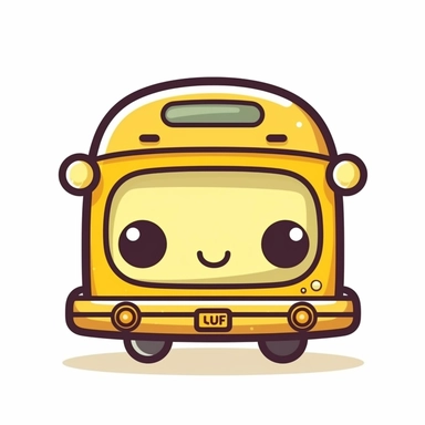 cute clipart icon of toy yellow school bus, kawaii, anime style, in white background, soft color blending, rounded