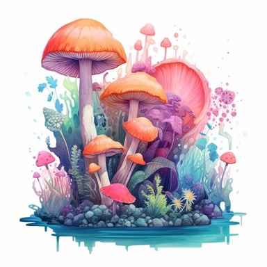clipart. hyperrealistic mushrooms on an underwater planet. mushrooms are underwater at the bottom of the alien sea, growing amongst colorful coral and fish. summery fairycore floral watercolor aesthetic. the colors should be summery and bright with contrast, as if the sun is shining down, with pastels like vibrant greens, pinks, purples, blues, and yellows and hints of shimmering gold glow. hyper-realistic detailed gouache painted style, with photorealistic raw elements, to give the pattern an o