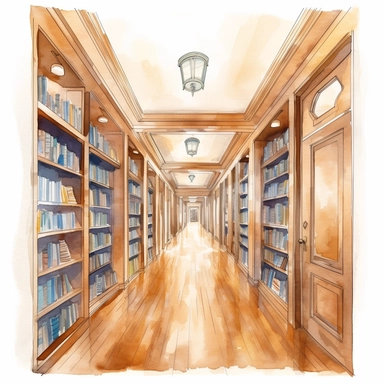 A long hallway with wooden floors and ceiling-high bookshelves on both sides - watercolor illustration with photorealistic high details clipart, white background