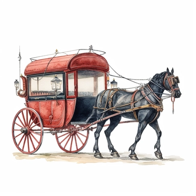 a watercolor horse coach in the 18th century by Ferdinand Pickering, clipart, hyper realistic, white background