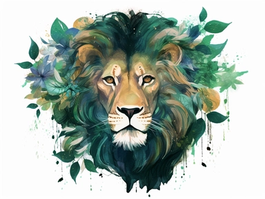 deep green gold watercolor Lion with flowers clipart with golden metallic line and some glitter, plain background, 8k, high resolution