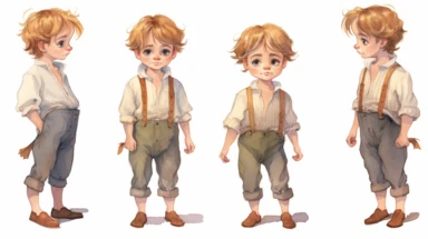Watercolor , illustrations clipart, character sheet ,cute little boy  Hansel EDIM ( hansel character from the hansel and gratel fairy tale) in poor clothing, various emotions--seed 900