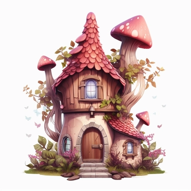 clipart, shades of pink and brown fairy house isolated on a white background, vector, pastel colors, realistic, 3D, no shadows