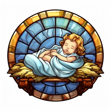 Beautiful Colorful Stained Glass Baby Jesus lying in the manger Sublimation Clipart ,Cartoon,hyper realistic, intricate detail, illustration style,high solution,on the white background