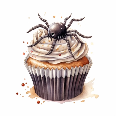 delicious halloween cupcake with cute spider , watercolour illustration clipart, extremely detailed, 4k, high quality, colour scheme black and silver cream, , isolated on white background