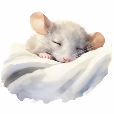 clipart vector image with plain white background of a watercolor painting of a grey mouse laying down curled up sleeping in a tiny bed. extremely detailed.