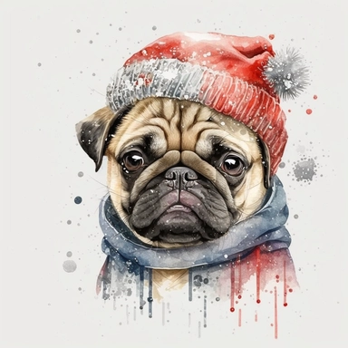 watercolor cute style, cute pug in christmas winter coat, christmas head, smiles, cute, pug in red ears, it's snowing, white background, clipart