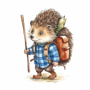 one hedgehog holding a cane and carrying a backpack Watercolor clip art on a white background, in the style of charming character illustrations, realistic brushwork, detailed costumes, adventurecore, cottagepunk, handheld, wallpaper , no watermark, text, 300 DPI , typography, shapes do not stick together, no text in the picture, on a white background