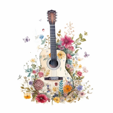 complex watercolor illustration of floral acoustic guitar in beautiful flowers professional hyperrealism,concept,art,8k,hd,watercolor,detailed,white backround,clipart