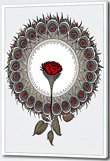 clipart, vector, A ink and water colour painting, paint splash art, steampunk, thick ink outline, crisp detailed, beutiful peacock, surrounded by 4 white, black red and white pastel coloured bunch of roses, sharp edges, 2d tee shirt design, cut out design white background