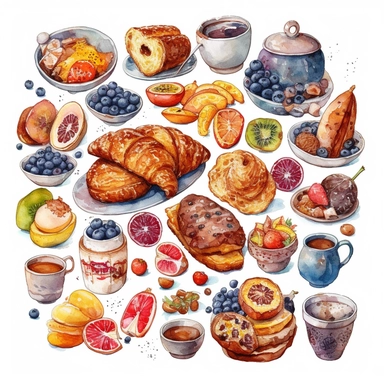 breakfast food objects isolated on white background, watercolor Clipart Collection, high quality intricate detailed illustrations in naive drawing style, delicate pencil texture, dotted texture, intense vivid colors, burnt sienna and indigo, panasonic lumix s pro 50mm f/ 1. 4, rough clusters, strong use of contrast