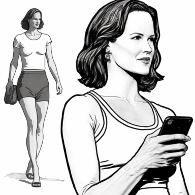 zoomed out view, woman looking at her iphone, looks like jennifer garner, looks like wii fit instructor character, age 46, full body and face, black and white, adobe illustrator, illustration, line art, dynamic composition, forced perspective, clipart, realistic, blank background