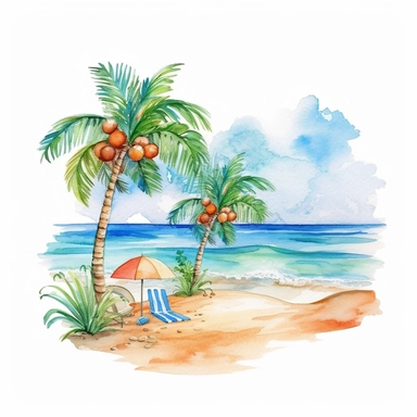 summer beach themed watercolor clipart with white background, painting illustration, 4k, high resolution, render