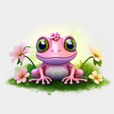 cute pink frog with big round eyes flowers, Illustration clipart, 4K, extremely detailed