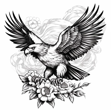 White paper eagle tattoo with black and white shadow with flor, tattoo clipart