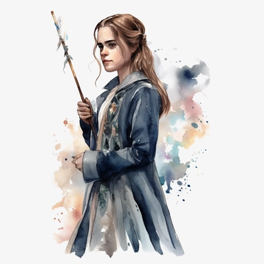 Emma Watson as Hermiona Granger from Harry Potter movie, standing, holding a magic wand, detailed, watercolor, clipart, white background