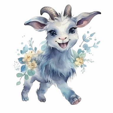 a running blue baby horned goat with cute big eyes, happy smiling face, cute animal, adorable, playful atitude, adorable watercolor animal clipart with a few plant and flower decor, no background, high quality