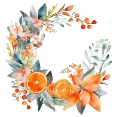 orange wreath, watercolor clipart, minimalist, bright colors, isolated white background, 8k