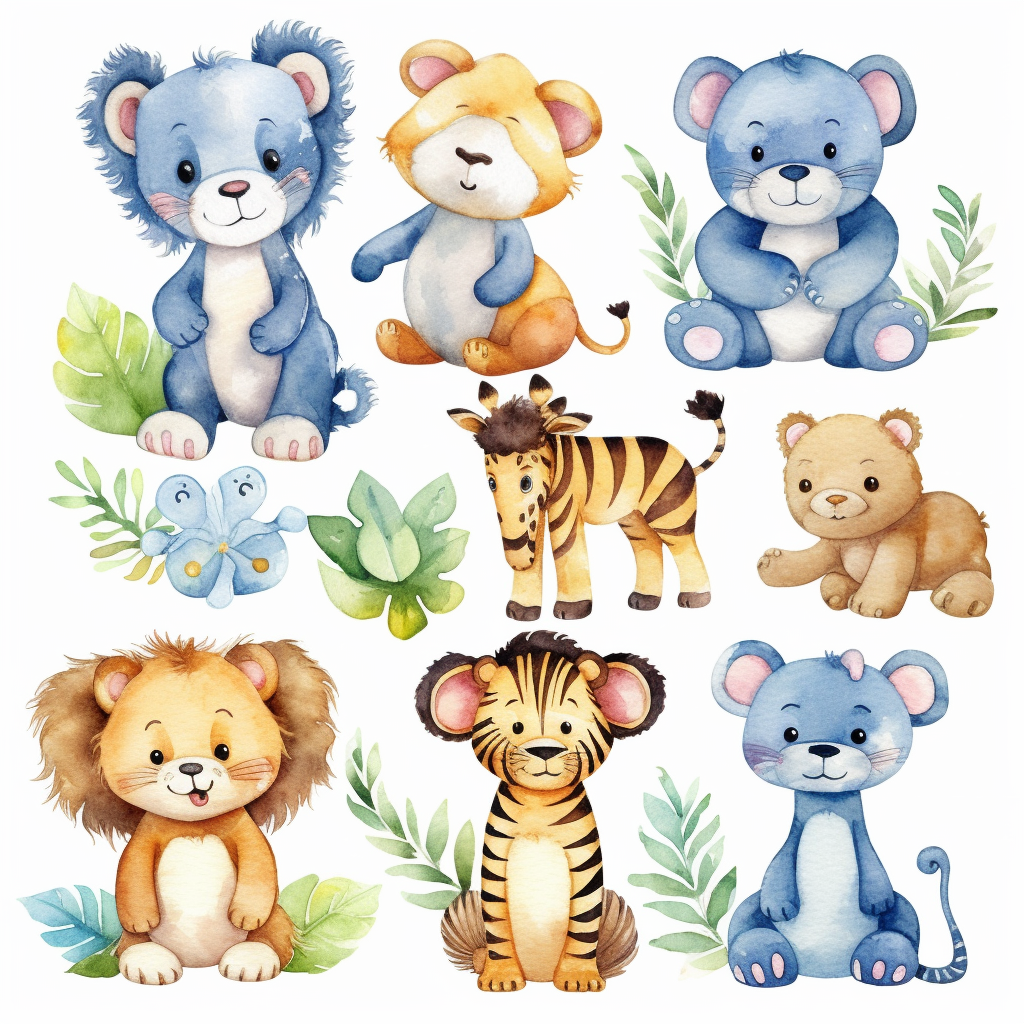 Watercolor baby jungle animals , illustrations clipart set, simple ...