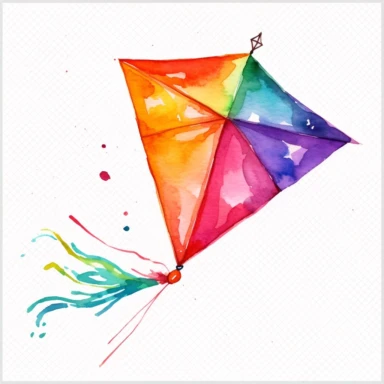 watercolor colorful clipart of a colorful kite flying, hd, on white background
