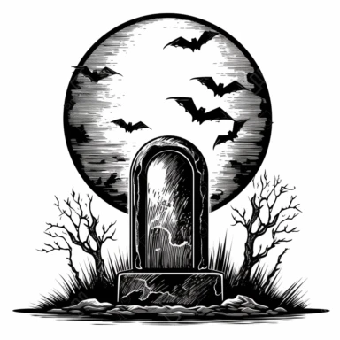 A scary looking tombstone for halloween with large full moon behind it, white background, single design, clipart, vector style graphics, sharp lines