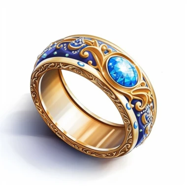 Craft an intriguing clipart of a mythical ring against a pristine white background. The ring should possess intricate designs and be encrusted with glistening gemstones. Let it emanate a soft, magical glow when worn, symbolizing the wearer's connection to mystical forces.