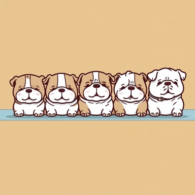 kawaii cartoon illustration clipart style one long row of cute happy English bulldog puppies ar 293:151