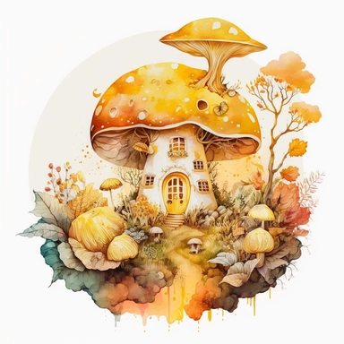 Watercolour yellow, orange Magic Mystical Mushroom clipart with white background cottage surrounded by fruits and front garden, with yellow buttlerflys
